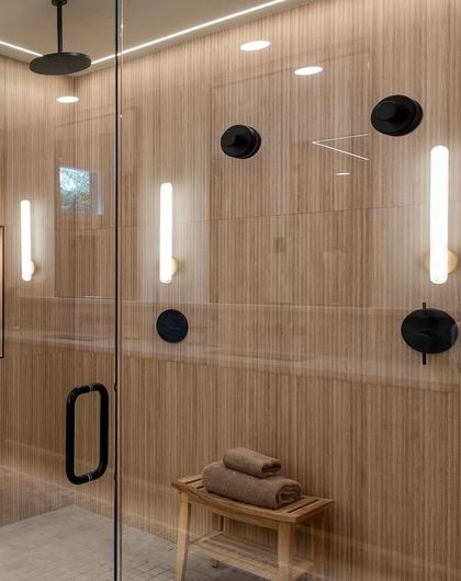 Vertical sconces, primary shower