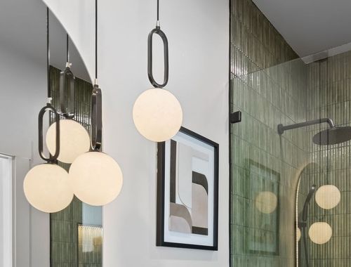 Globe pendants, guest bath