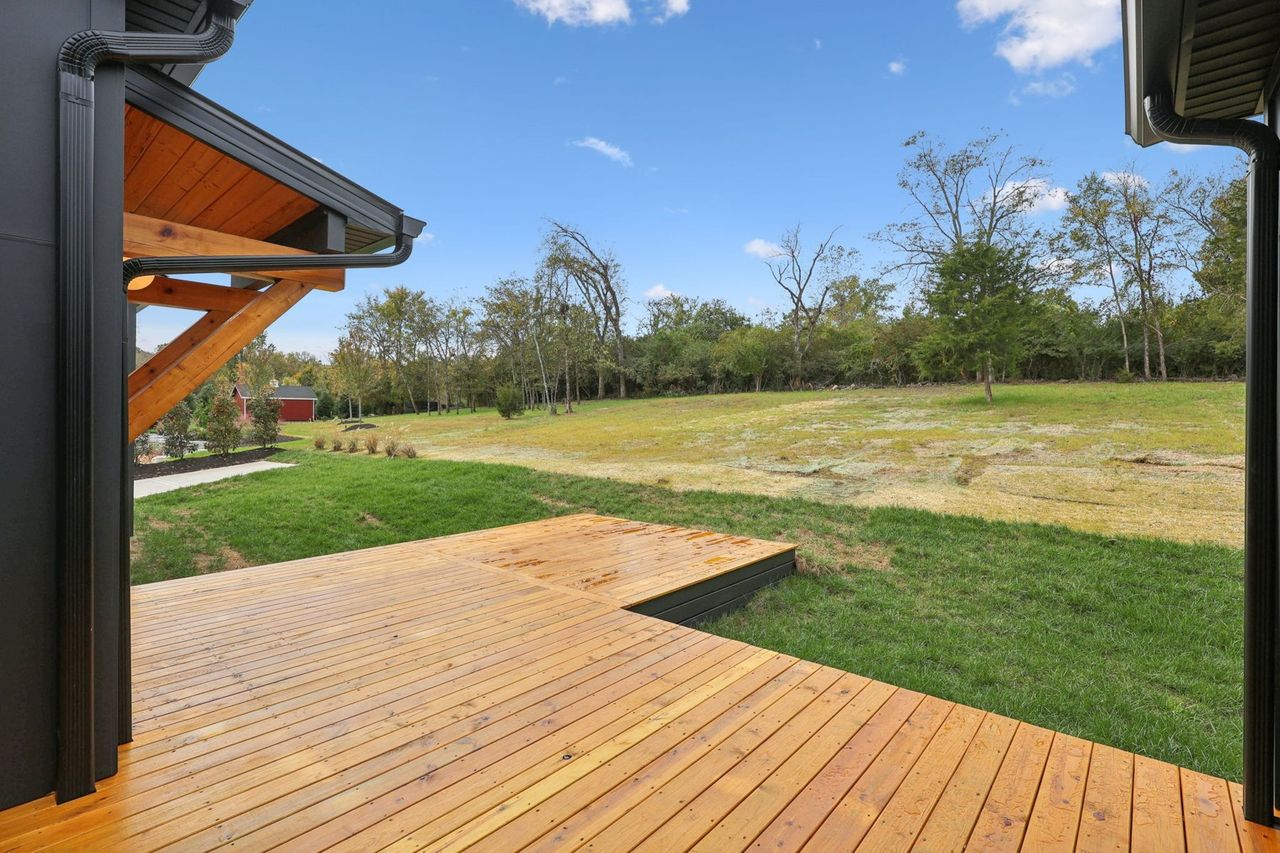 2025 photograph (before): the backyard, a cedar deck ending at an open field.