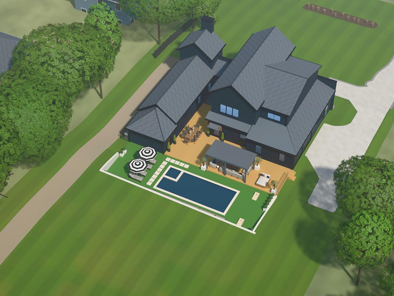 Rendering from the record model, not a photograph: Bird's-eye over the pool terrace
